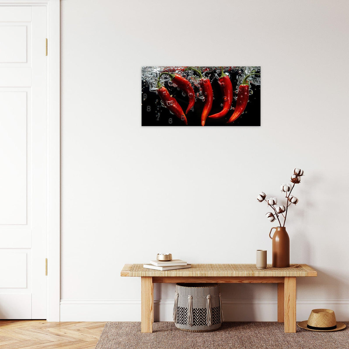 Moderne Wanduhr aus Glas mit Farbtiefe – Wanduhr Chili unter Wasser aus Glas – Querformat 60 × 30 cm