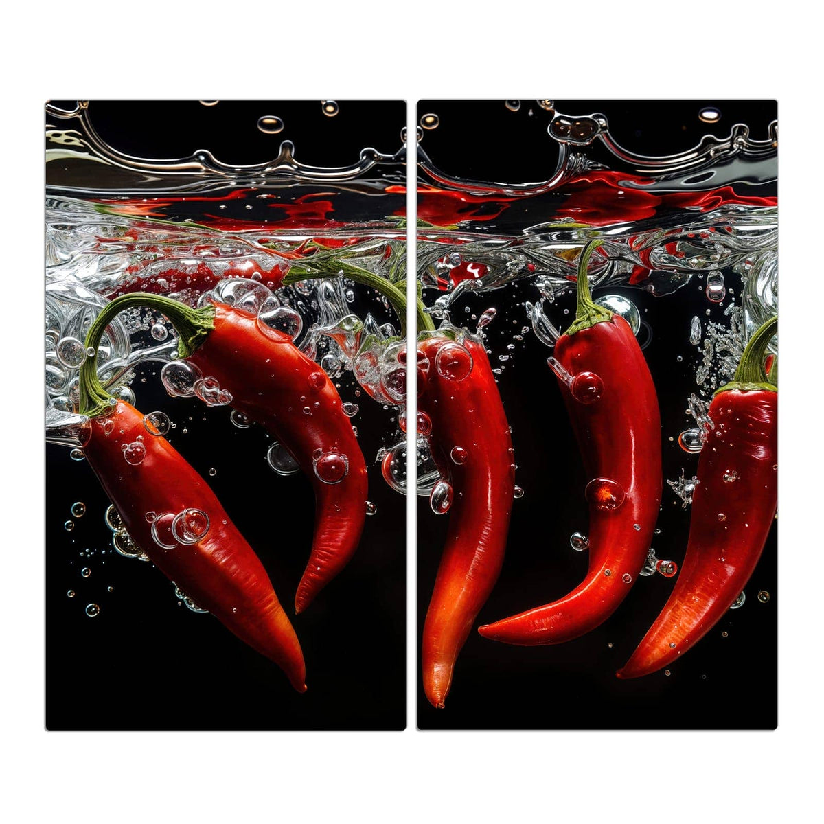 Fünf rote Chilischoten sinken unter die Wasseroberfläche vor schwarzem Grund
