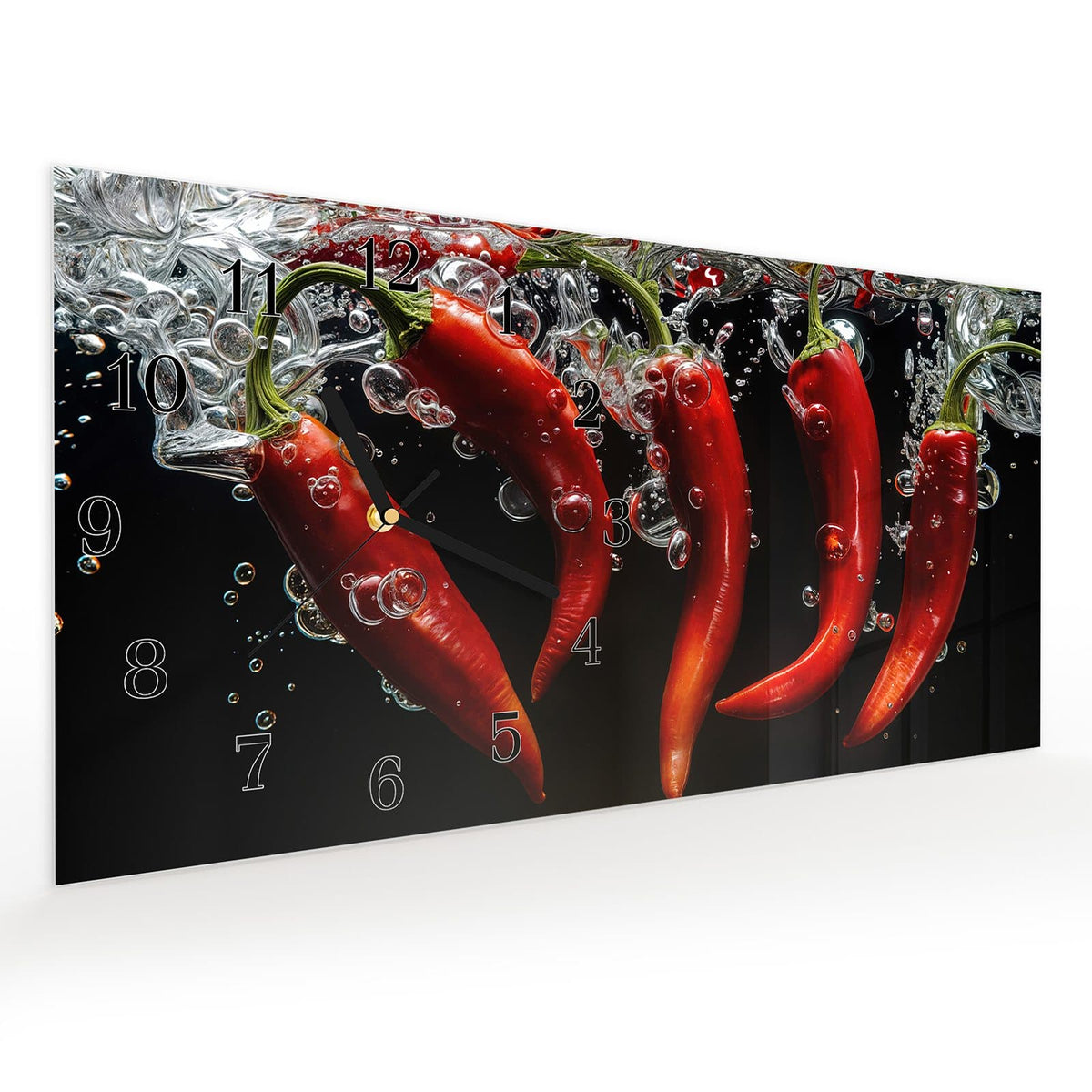 Vormontiert – mit Schwebeeffekt – Wanduhr Chili unter Wasser aus Glas – Querformat 60 × 30 cm