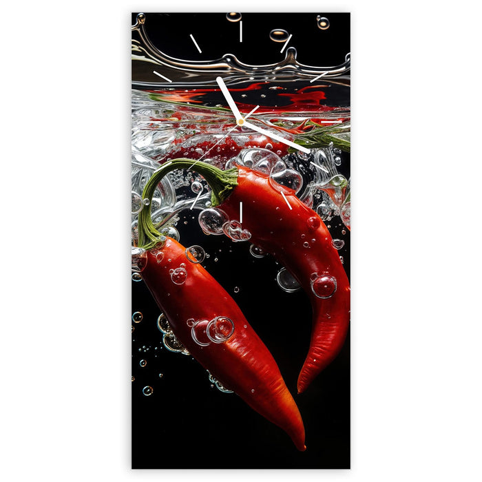 Wanduhr Chili unter Wasser aus Glas – Hochformat 30 × 60 cm mit Ziffernblatt Linie
