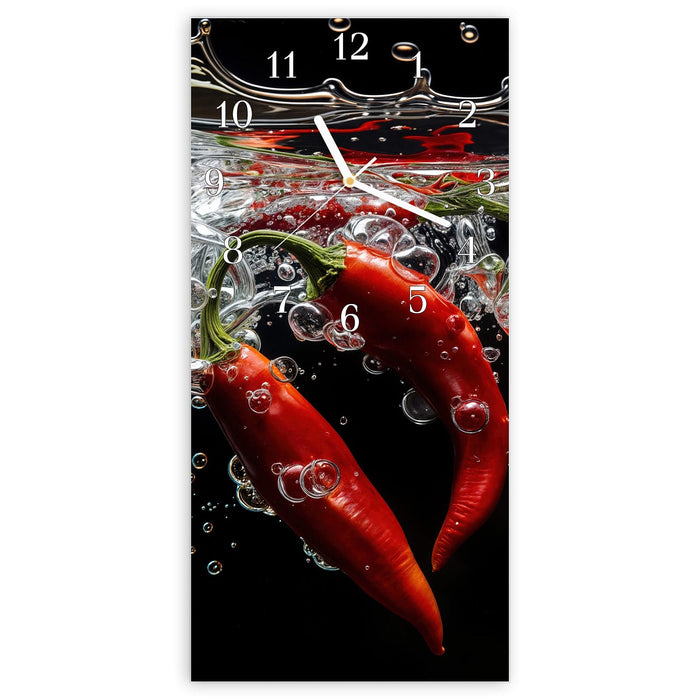 Wanduhr Chili unter Wasser aus Glas – Hochformat 30 × 60 cm mit Ziffernblatt Klassisch
