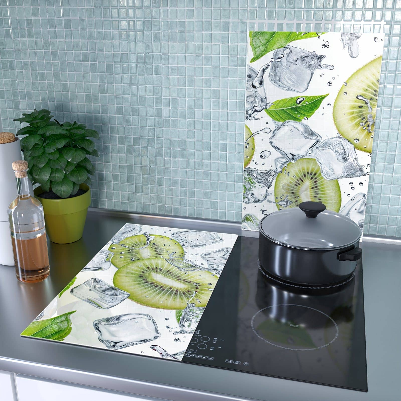2-teilige Abdeckplatten für den Herd mit Kiwi Würfel Eis-Motiv als Spritzschutz hinter dem Kochfeld