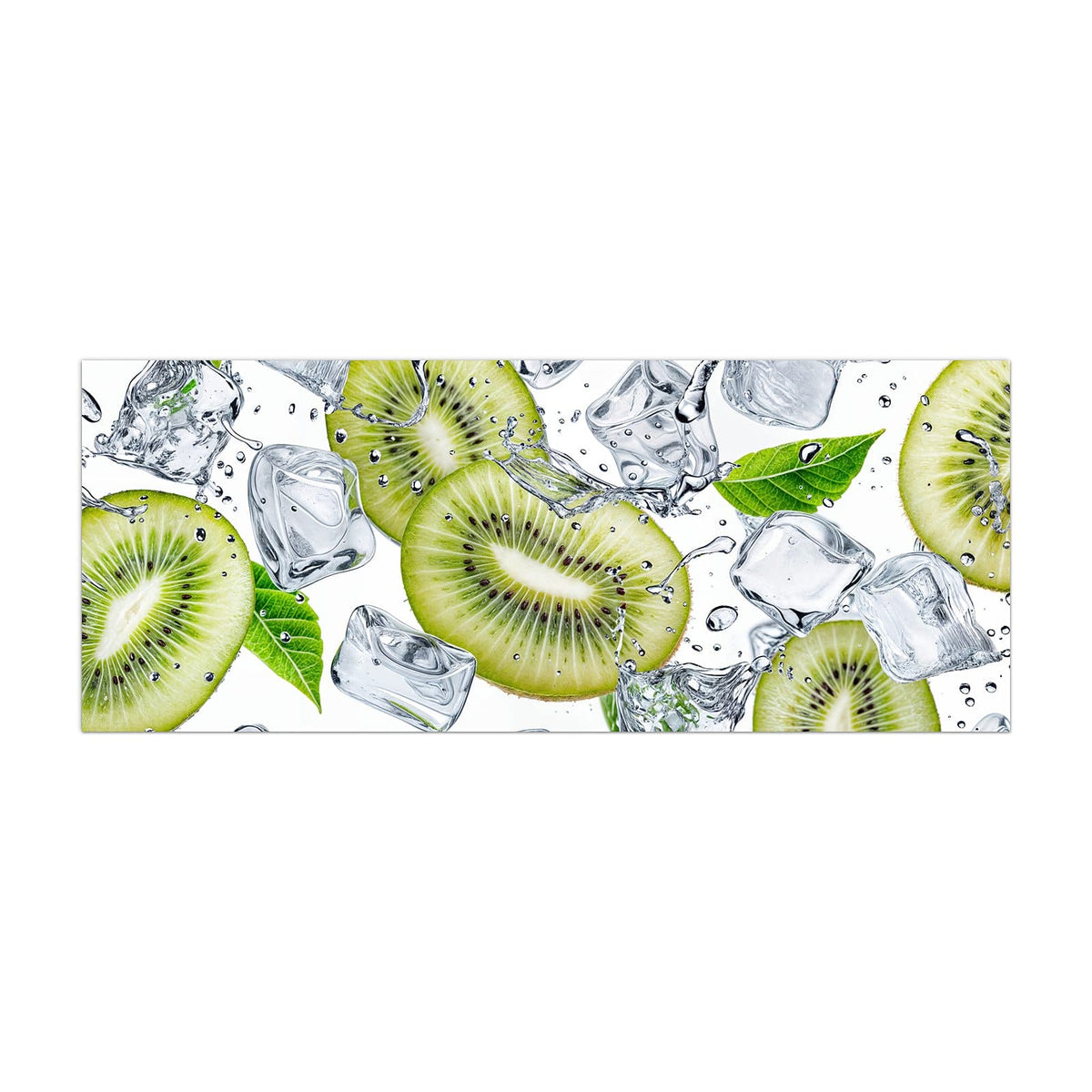 Küchenrückwand aus Glas Kiwi und Eiswürfel im Hochformat, Motiv bildfüllend von vorn