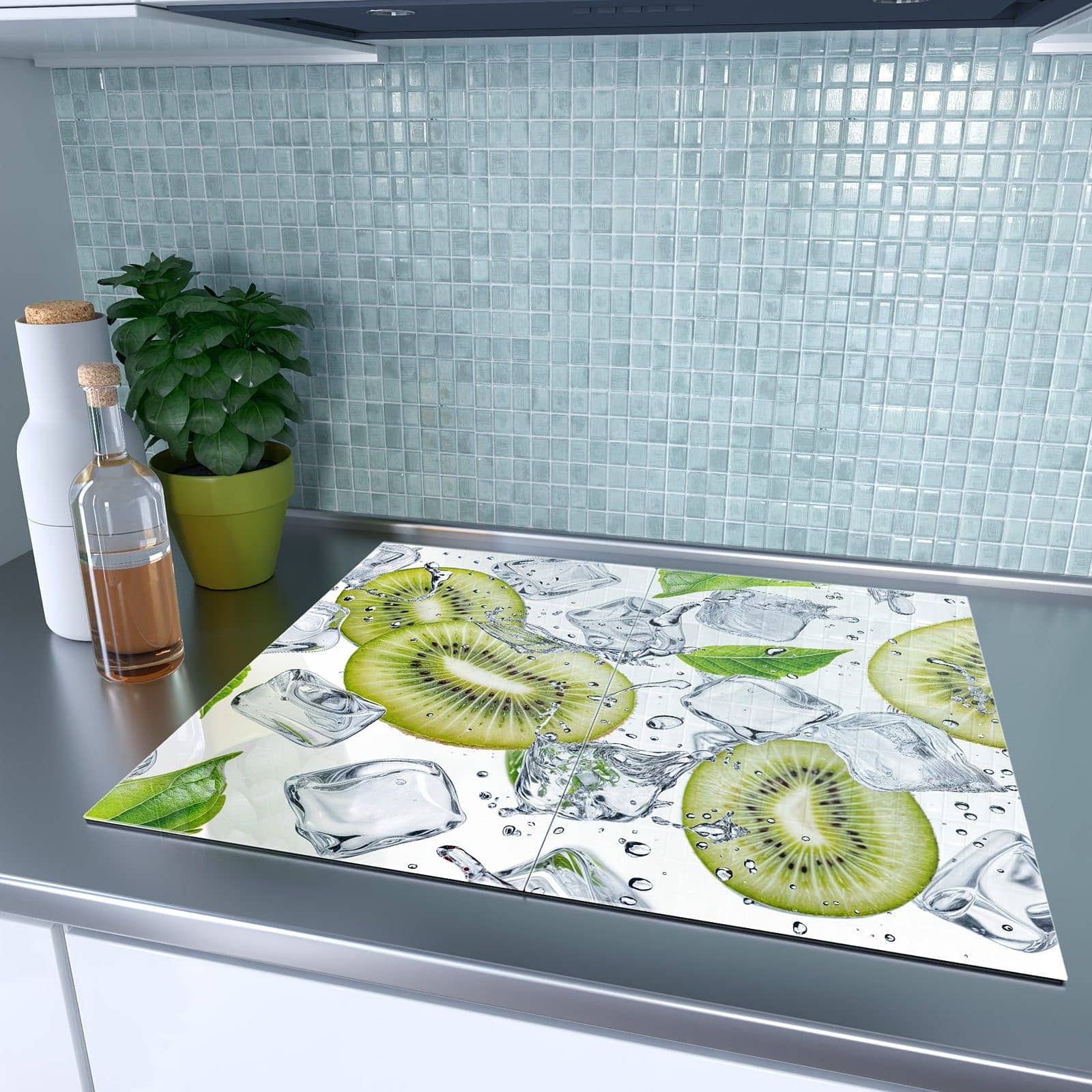 2-teilige Ceranfeld Abdeckplatten mit Kiwi Würfel Eis-Motiv auf dem Ceranfeld