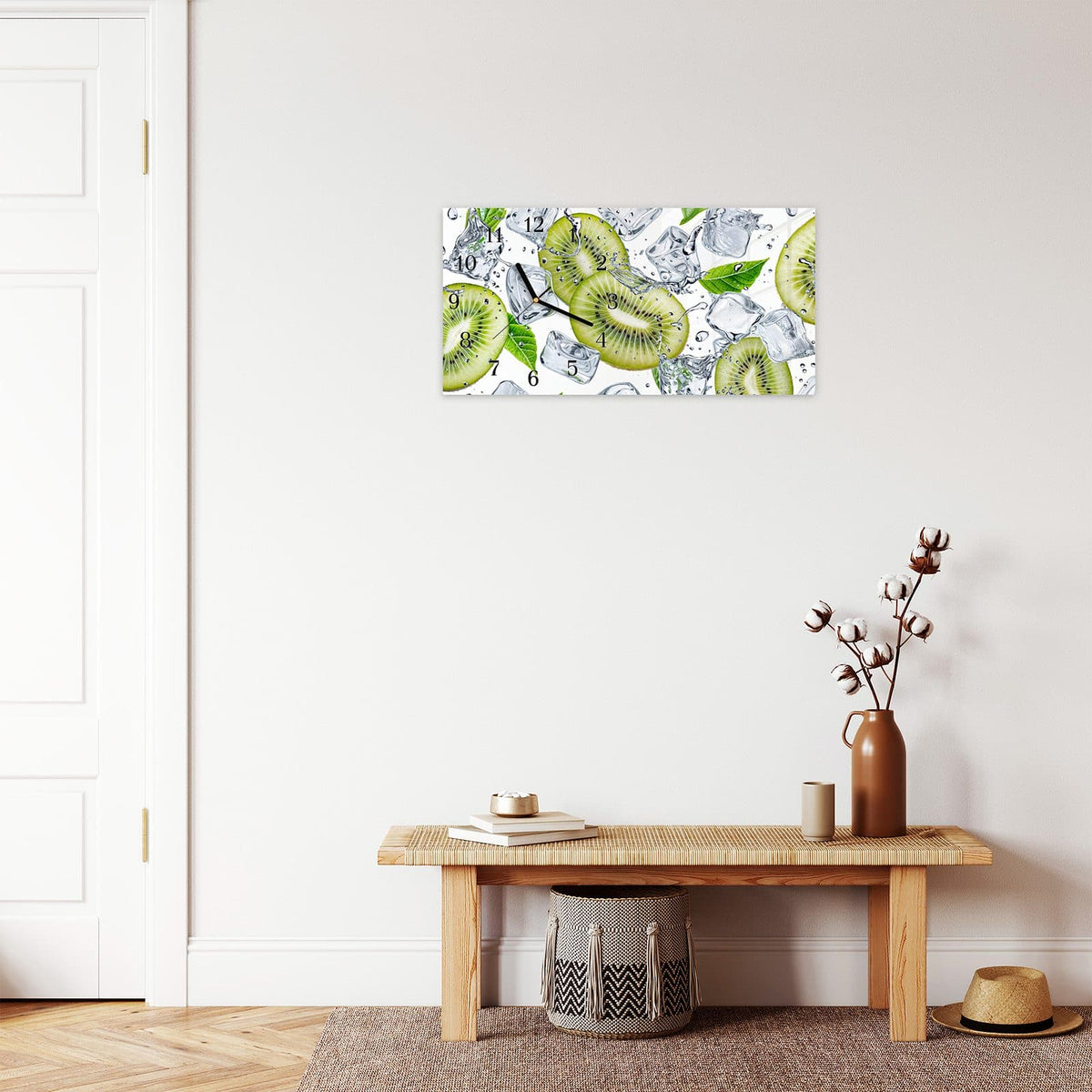 Moderne Wanduhr aus Glas mit Farbtiefe – Wanduhr Kiwi Würfel Eis aus Glas – Querformat 60 × 30 cm