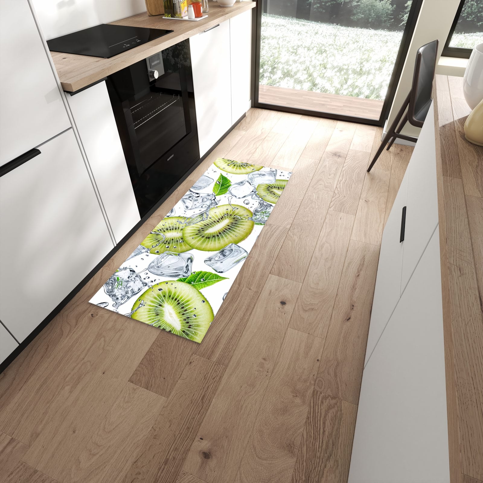 Langlebiger Küchenläufer mit Motiv Kiwi Würfel Eis in moderner Küche #grösse_60 x 150 cm
