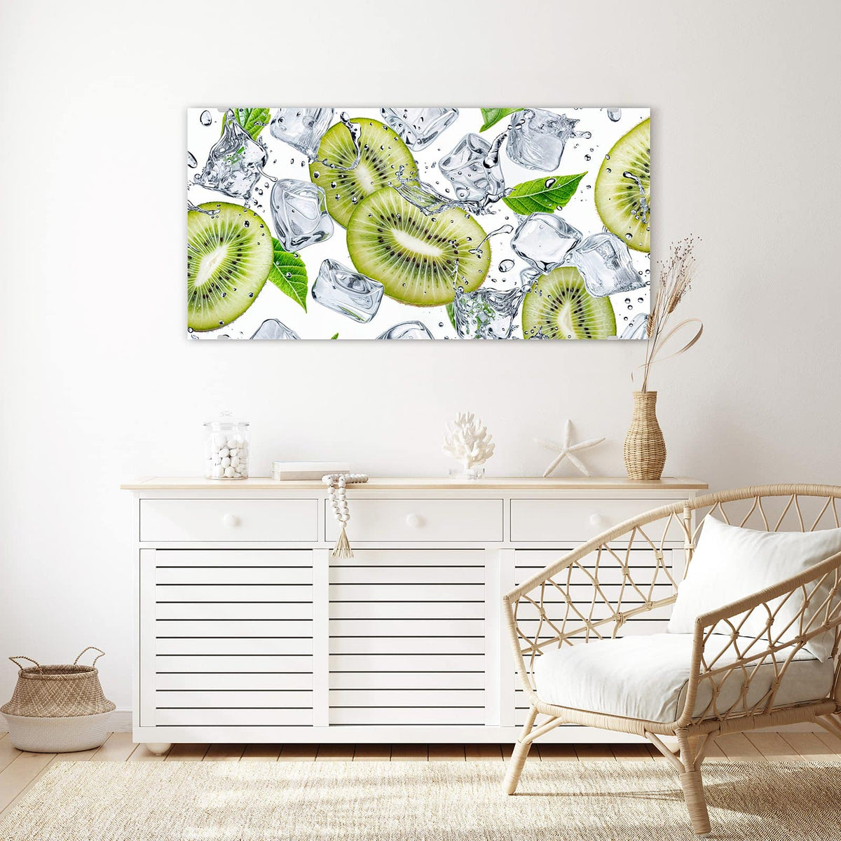 Echtglas, 4 mm – kein Acryl, keine Folie – Wandbild - Kiwi und Eiswürfel - Querformat