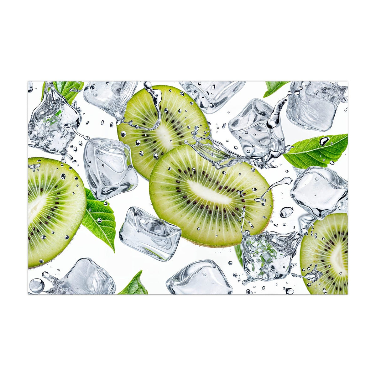 Küchenrückwand aus Glas Kiwi und Eiswürfel im Hochformat, Motiv bildfüllend von vorn