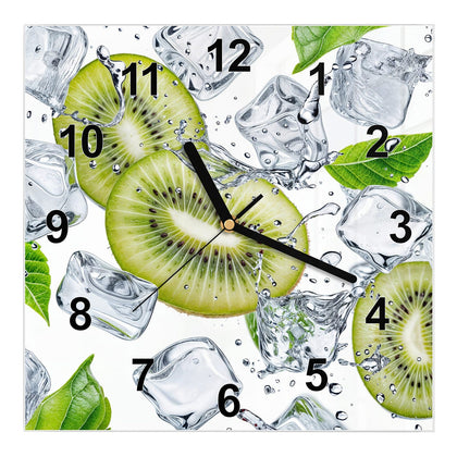 Wanduhr Quadratisch mit dem Motiv Kiwi und Eiswürfel