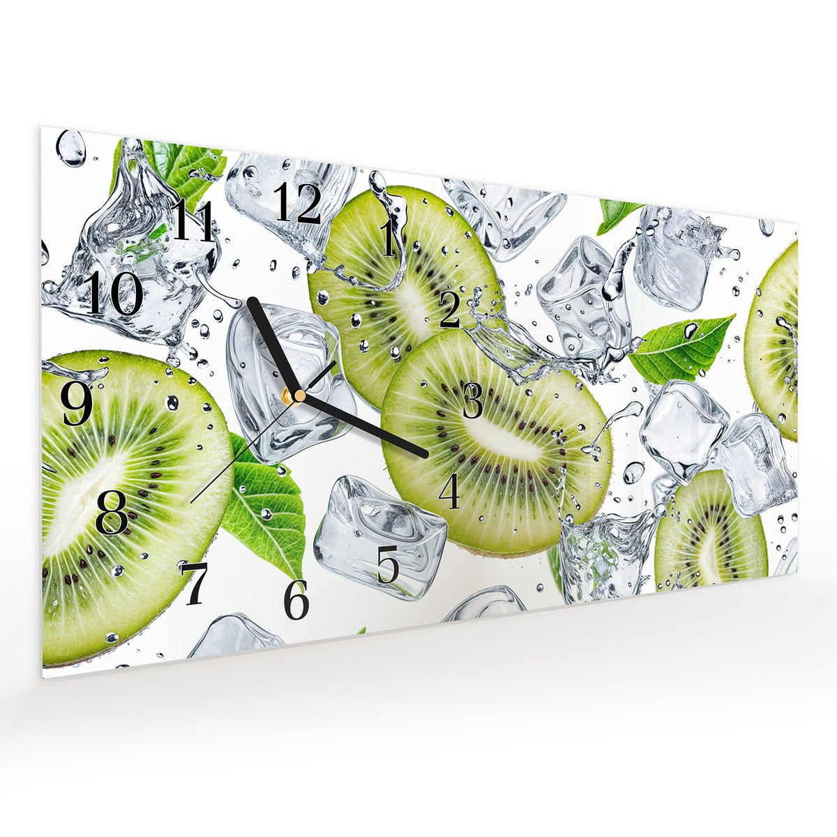 Vormontiert – mit Schwebeeffekt – Wanduhr Kiwi Würfel Eis aus Glas – Querformat 60 × 30 cm
