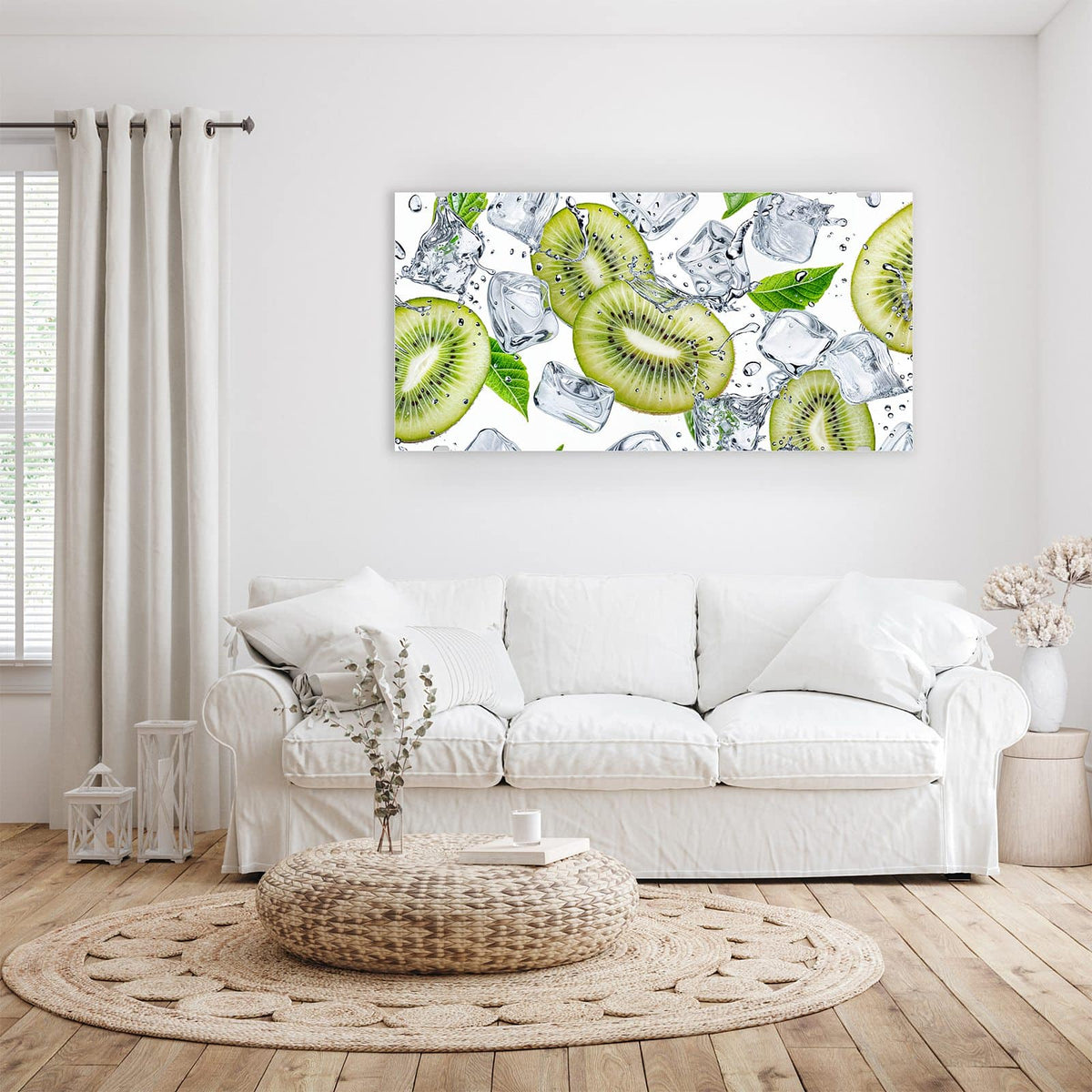 Wandbild - Kiwi und Eiswürfel - Querformat – Kiwischeiben mit Eiswürfeln