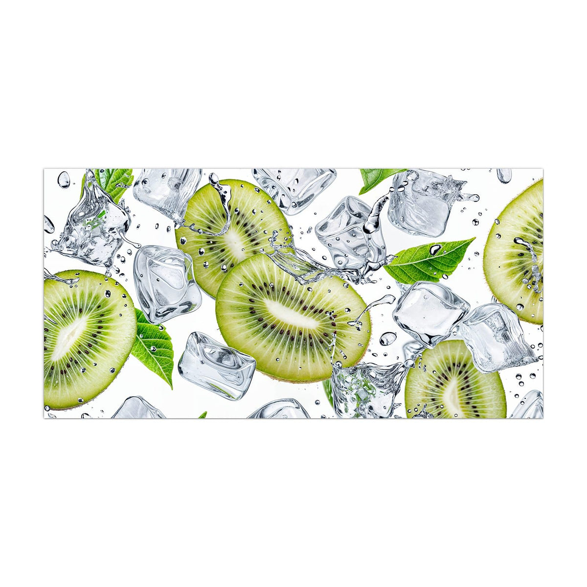 Küchenrückwand aus Glas Kiwi und Eiswürfel im Hochformat, Motiv bildfüllend von vorn