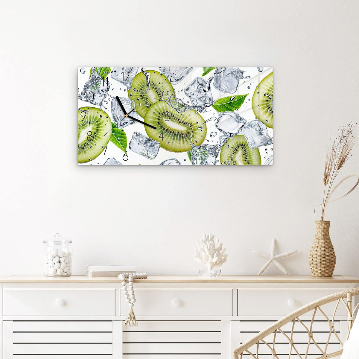 Wanduhr Kiwi Würfel Eis aus Glas – Querformat 60 × 30 cm – Kiwischeiben mit Eiswürfeln