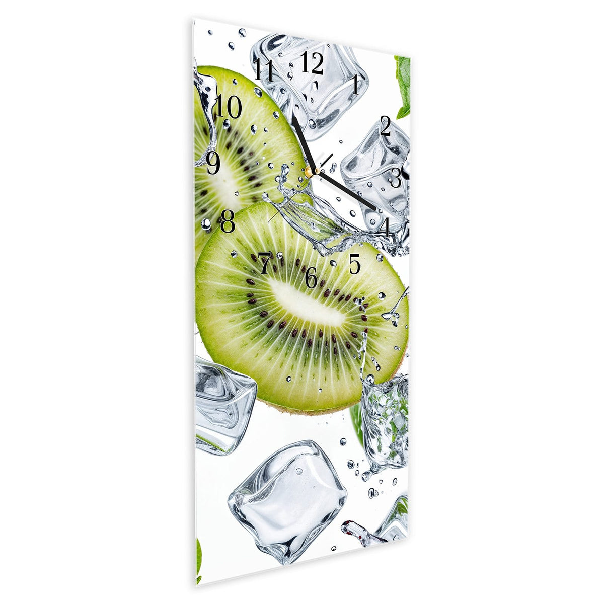 Vormontiert – mit Schwebeeffekt – Wanduhr Kiwi Würfel Eis aus Glas – Hochformat 30 × 60 cm