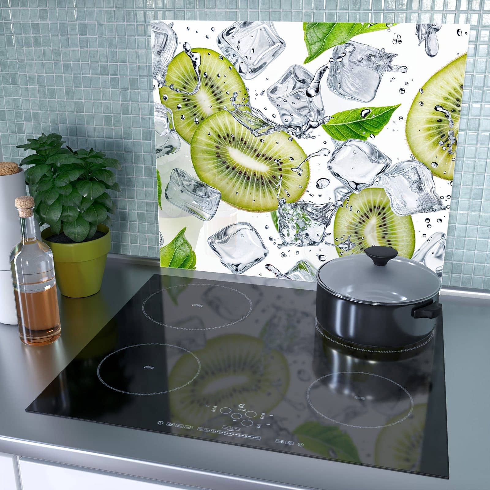 1-teilige Herdabdeckplatte mit Kiwi Würfel Eis-Motiv als Spritzschutz hinter dem Kochfeld
