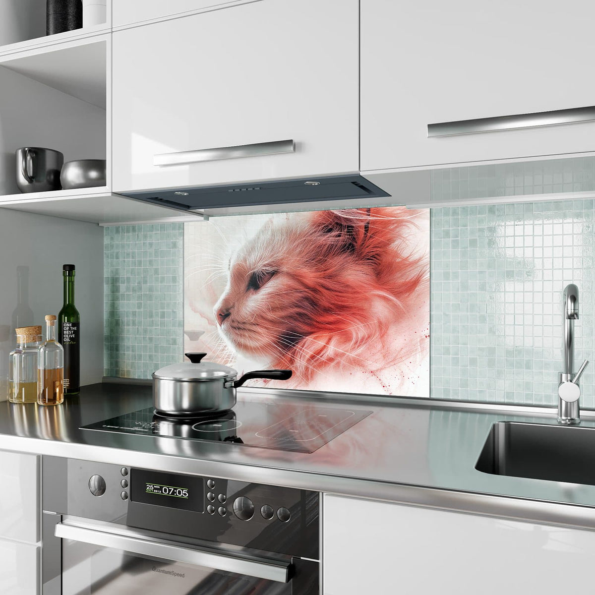 Küchenrückwand aus Glas Katzenprofil in Rot im Hochformat als Spritzschutz hinter dem Kochfeld, über dem Fliesenspiegel montiert