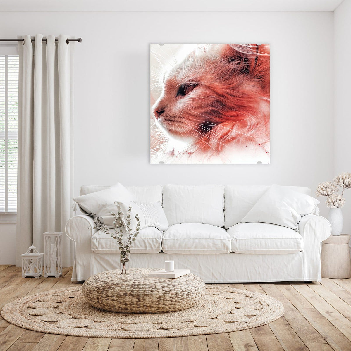 Glasbild Katzenprofil in Rot an der Wand – Katzenkopf im Profil, künstlerisch in Korallrot und Rosé getönt, weißer Grund