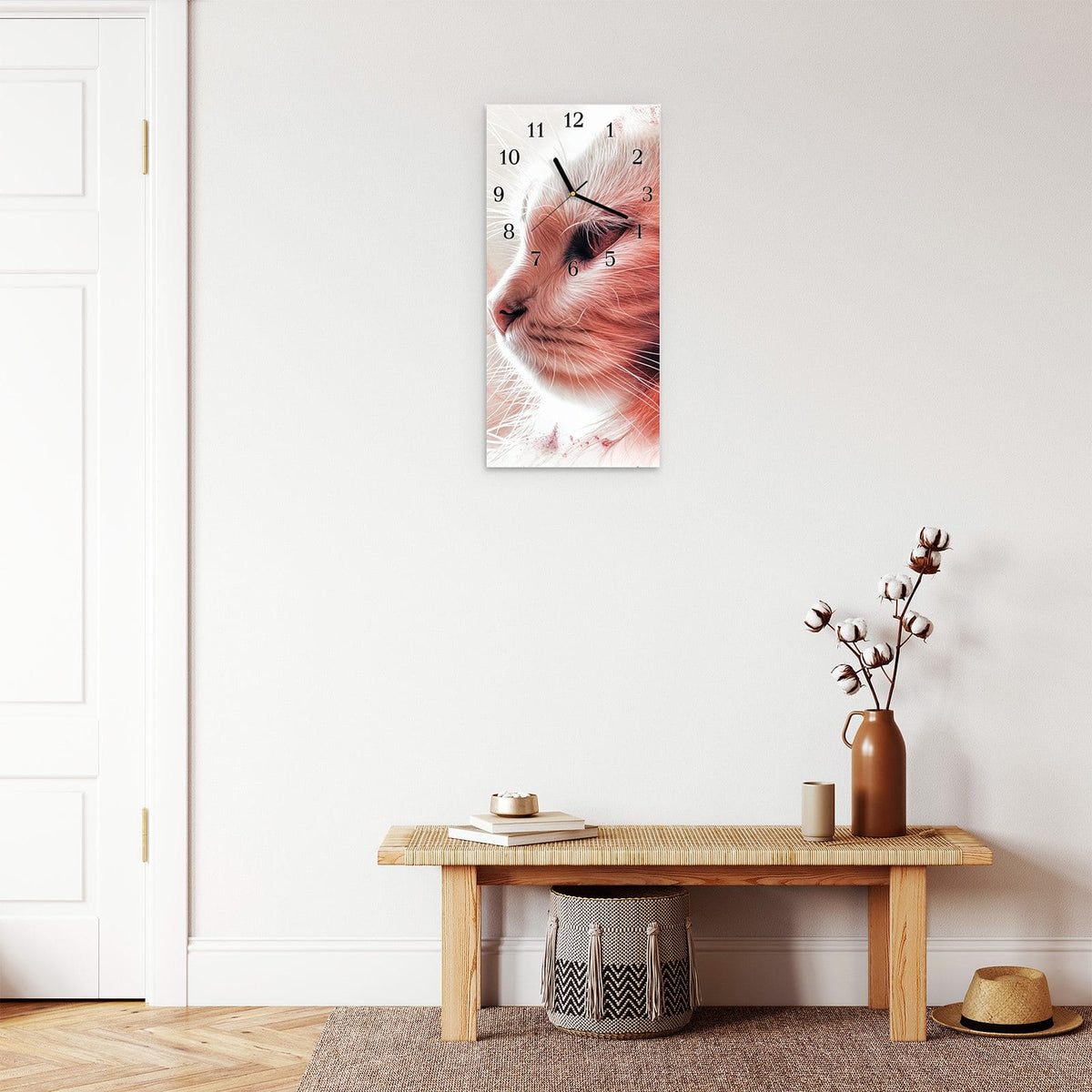 Moderne Wanduhr aus Glas mit Farbtiefe – Wanduhr Katze Profil Rouge aus Glas – Hochformat 30 × 60 cm