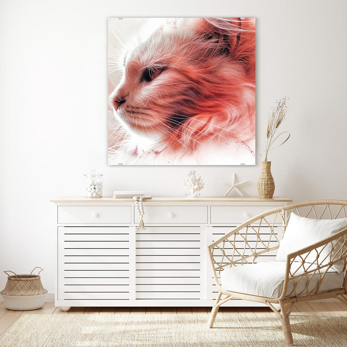 Echtglas, 4 mm – kein Acryl, keine Folie – Wandbild - Katzenprofil in Rot - Quadratisch