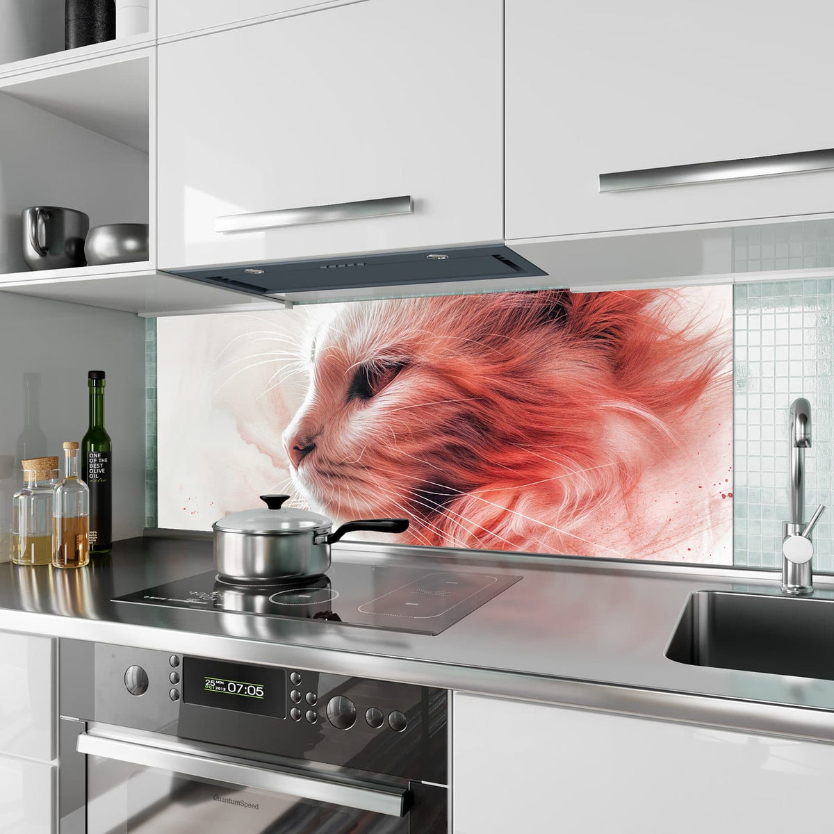 Küchenrückwand aus Glas Katzenprofil in Rot im Hochformat als Spritzschutz hinter dem Kochfeld, über dem Fliesenspiegel montiert