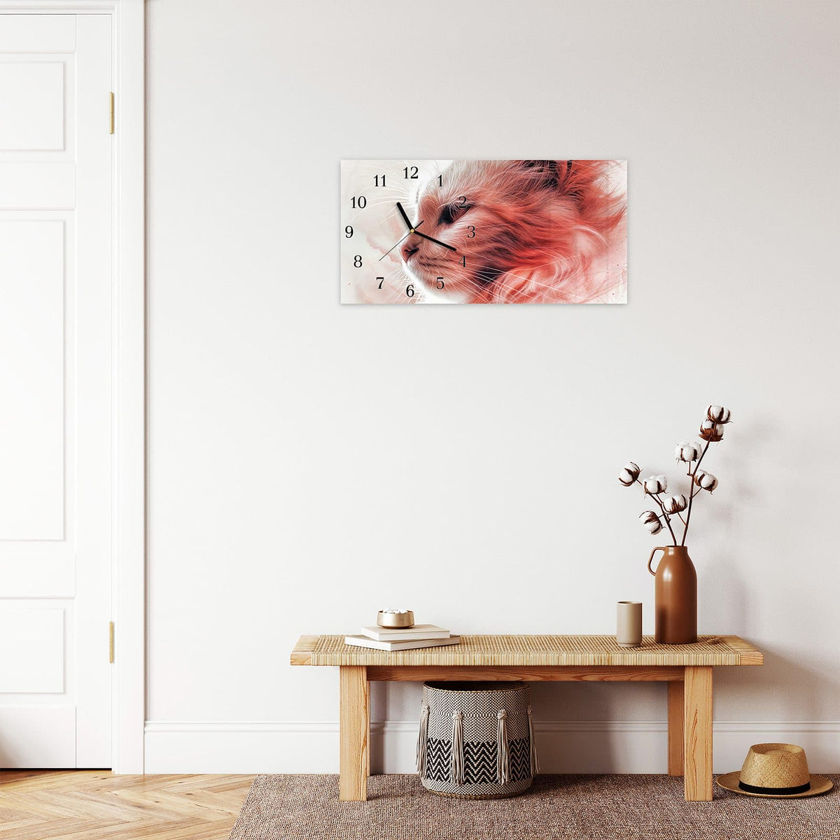 Moderne Wanduhr aus Glas mit Farbtiefe – Wanduhr Katze Profil Rouge aus Glas – Querformat 60 × 30 cm