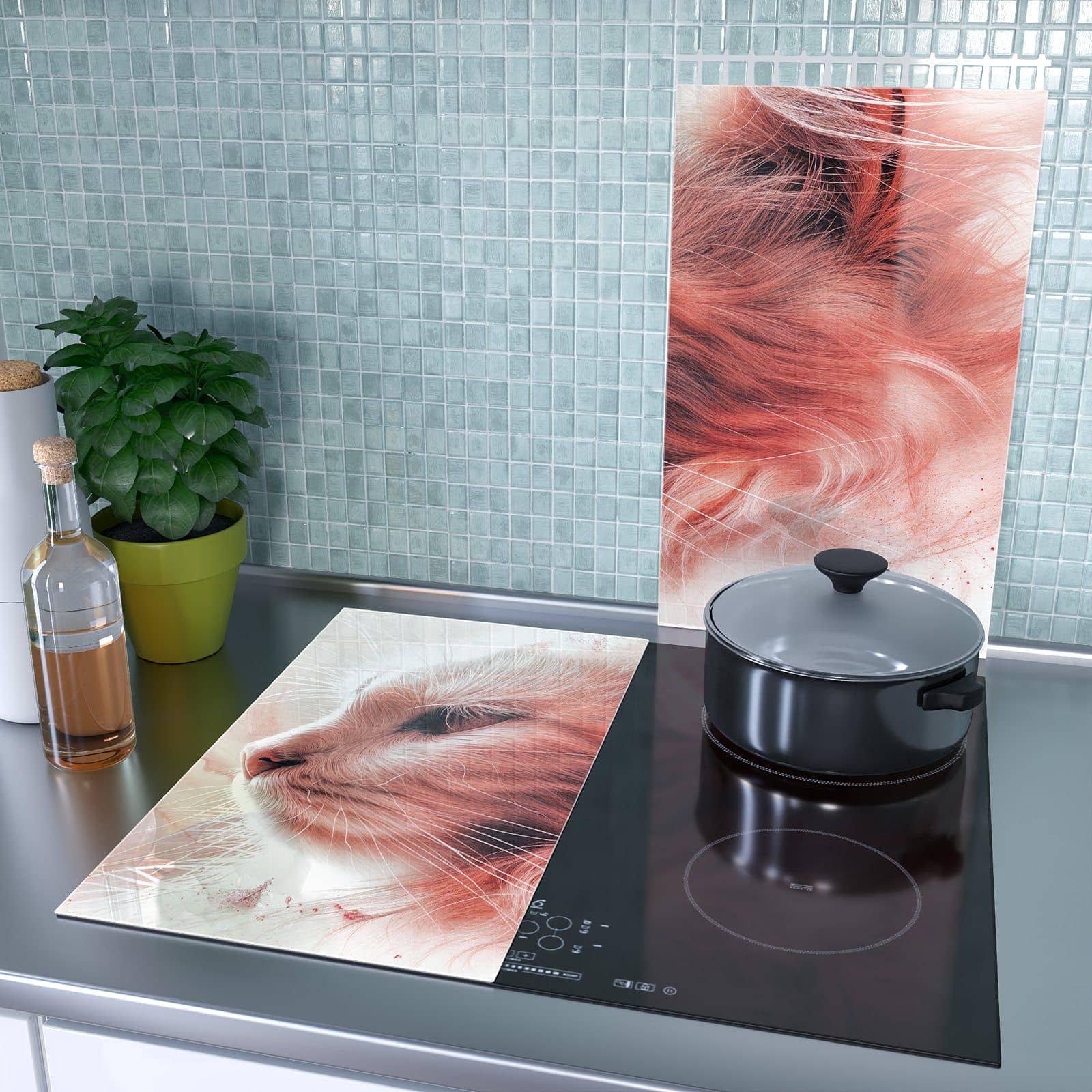 2-teilige Herdabdeckplatten für Ceranfeld mit Katze Profil Rouge-Motiv als Spritzschutz hinter dem Kochfeld