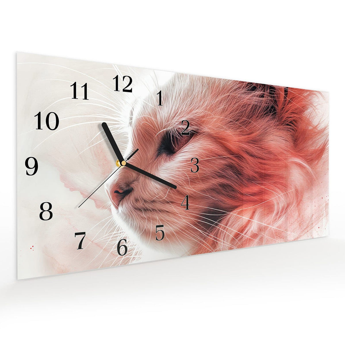 Vormontiert – mit Schwebeeffekt – Wanduhr Katze Profil Rouge aus Glas – Querformat 60 × 30 cm