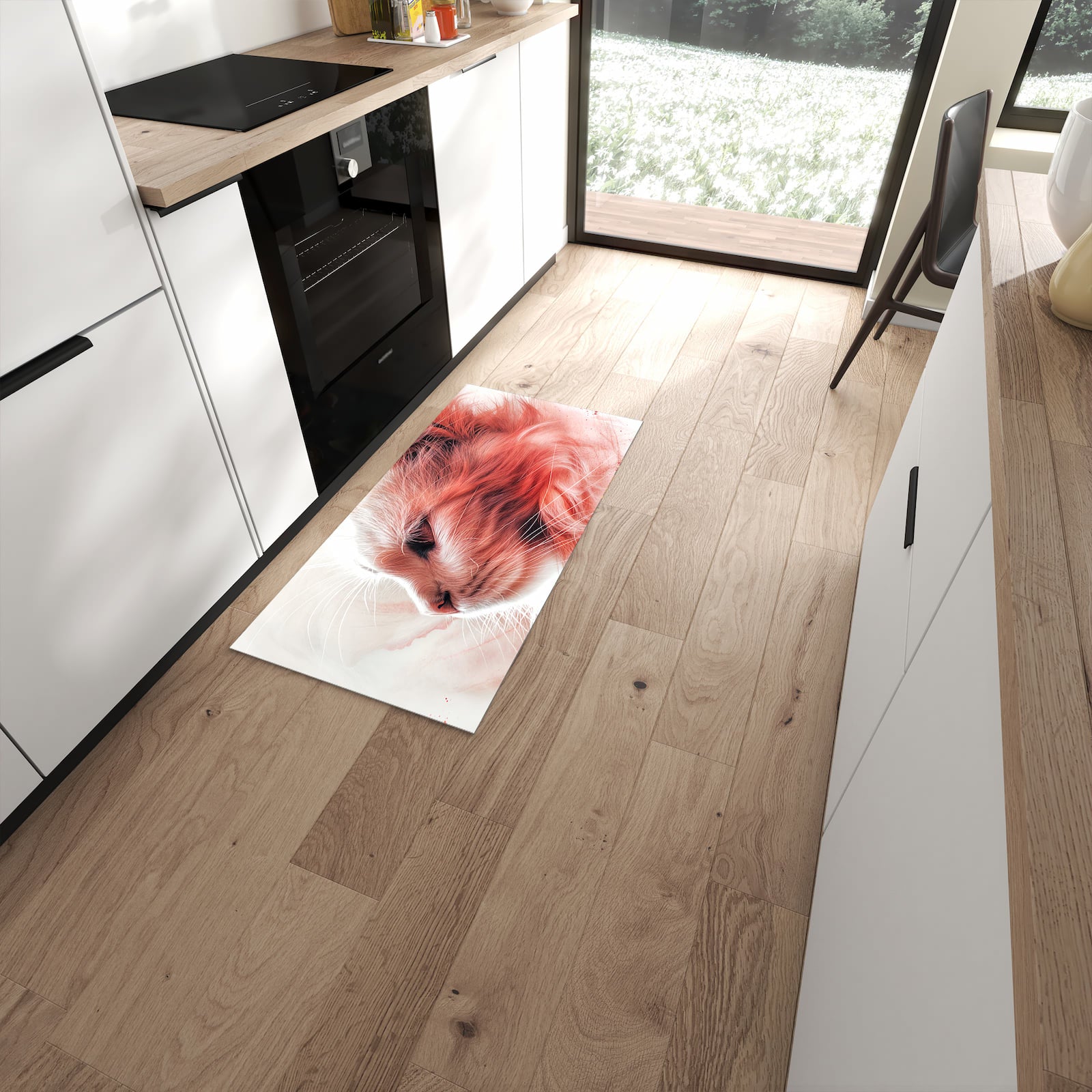 Wasserabweisender Küchenteppich mit Motiv Katze Profil Rouge in moderner Küche #grösse_60 x 120 cm