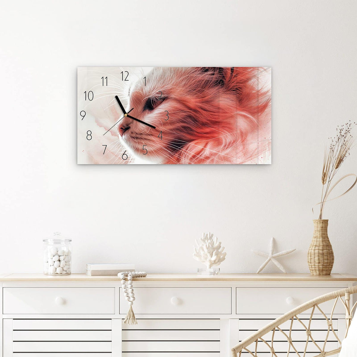Wanduhr Katze Profil Rouge aus Glas – Querformat 60 × 30 cm – Zartes Katzenprofil in Rosa