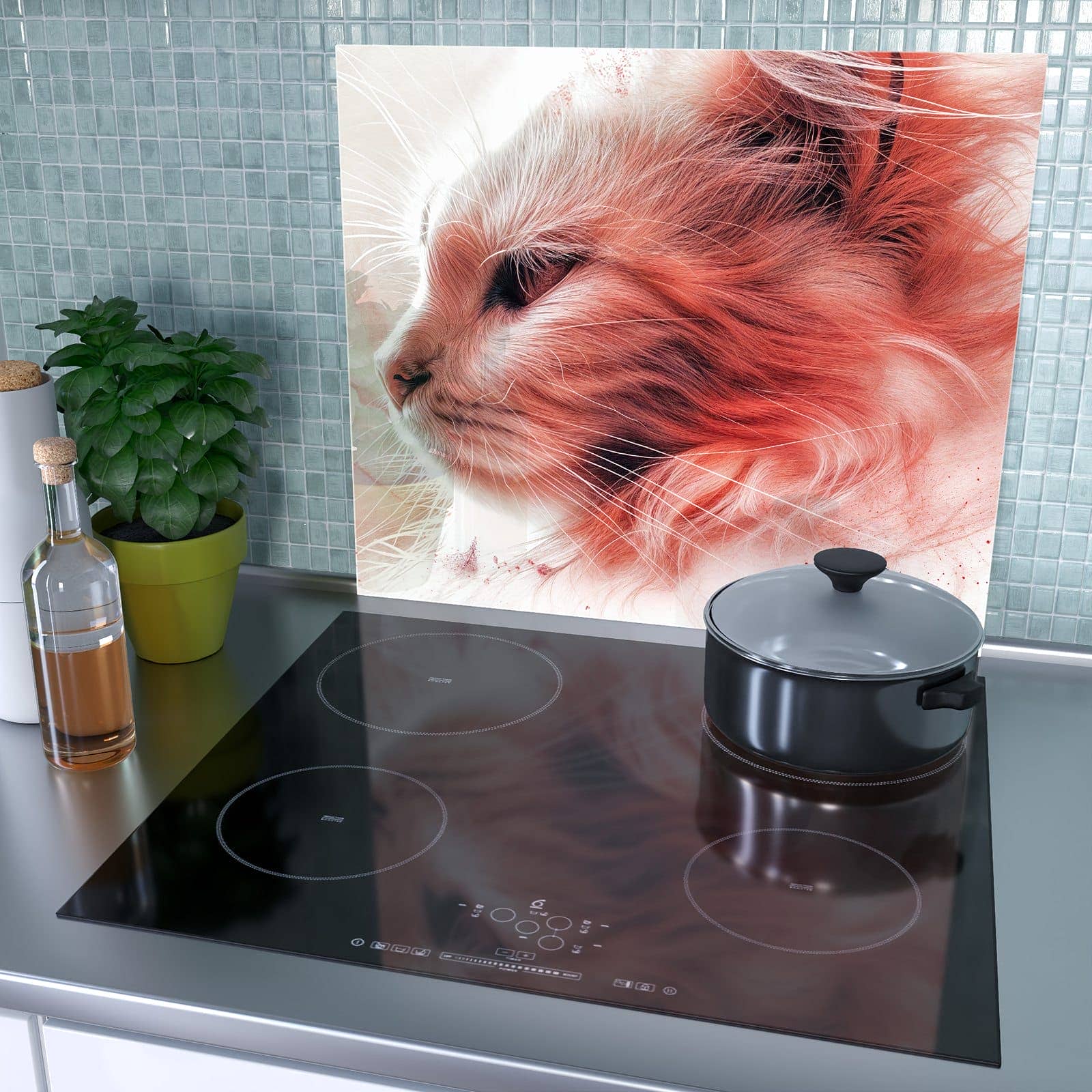 1-teilige Herdabdeckplatte mit Katze Profil Rouge-Motiv als Spritzschutz hinter dem Kochfeld