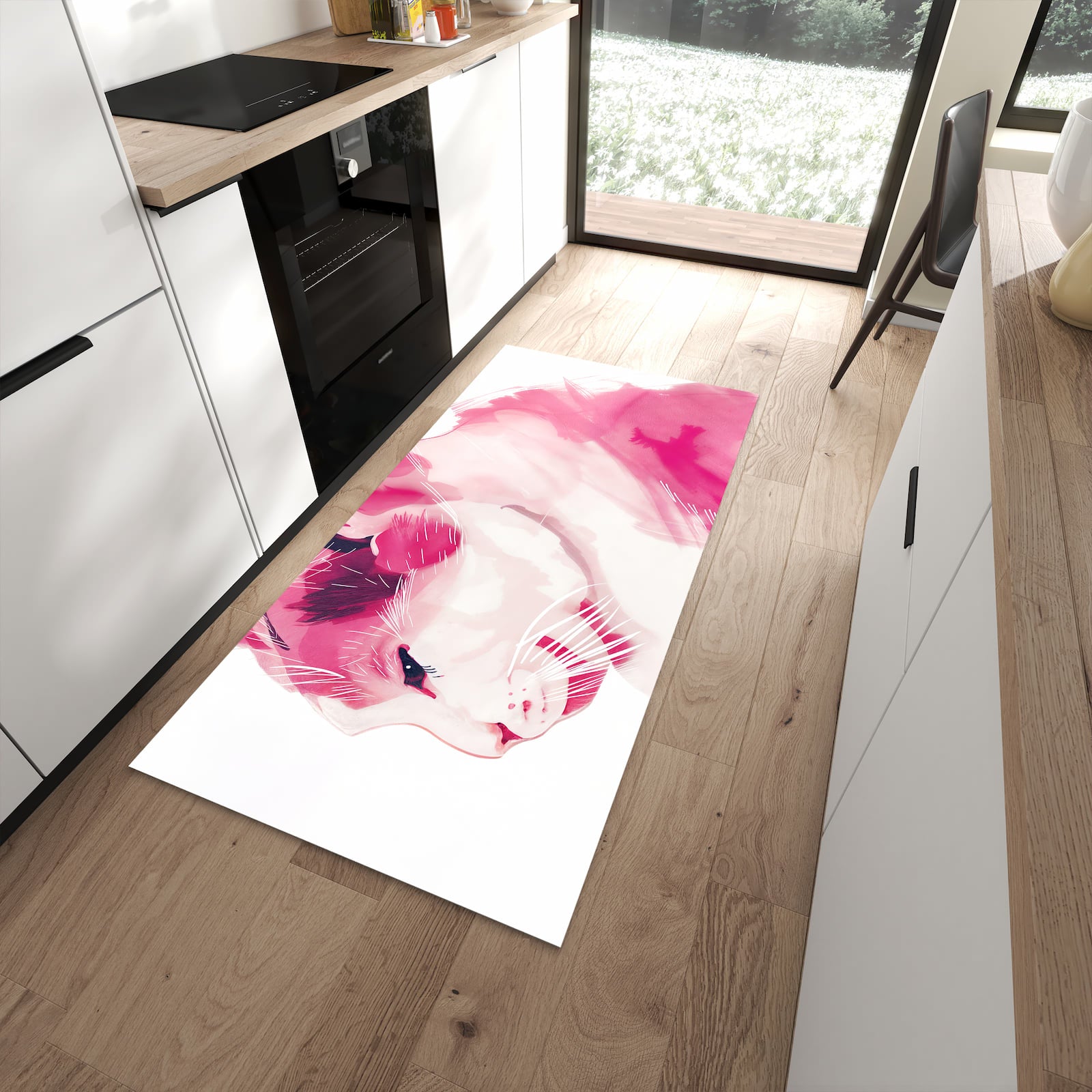 UV-beständiger abwaschbarer Küchenläufer mit Motiv Katzenportrait in moderner Küche