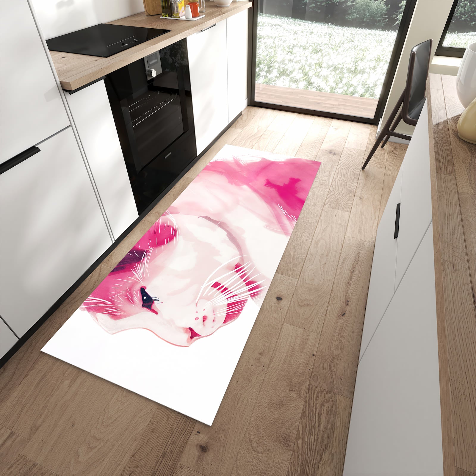 Sicherer Küchenläufer mit Motiv Katzenportrait in moderner Küche