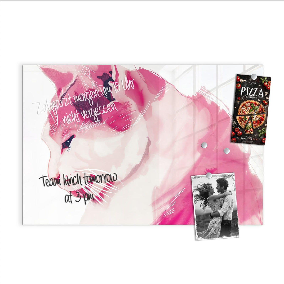 Beschreiben, abwischen, anheften – Magnettafel - Pinke Aquarellkatze