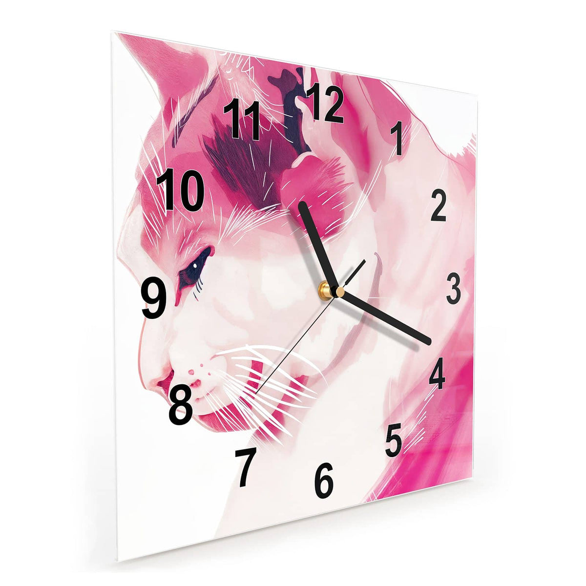 Quadratische Wanduhr aus Glas Pinke Aquarellkatze schräg von der Seite, 4 mm starkes Glas