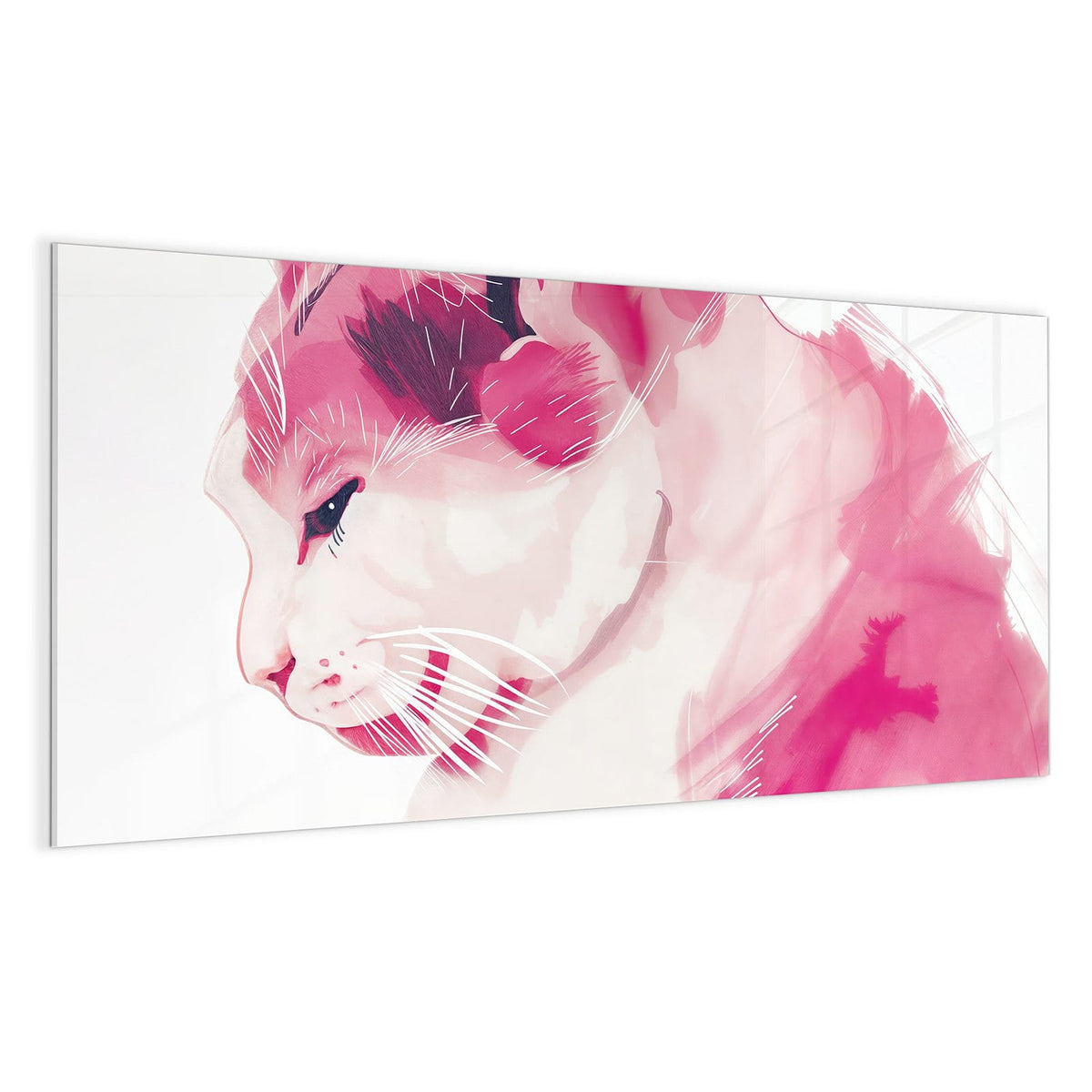 Stilisierte Katze im Profil, ganz in Rosa- und Pinktönen gemalt, weiße Schnurrhaarstriche, weißer Grund