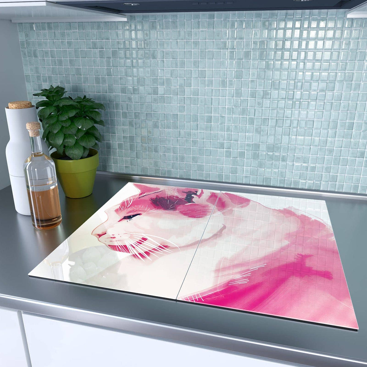 Herdabdeckplatte Pinke Aquarellkatze – Aquarellkatze in Rosa und Pink