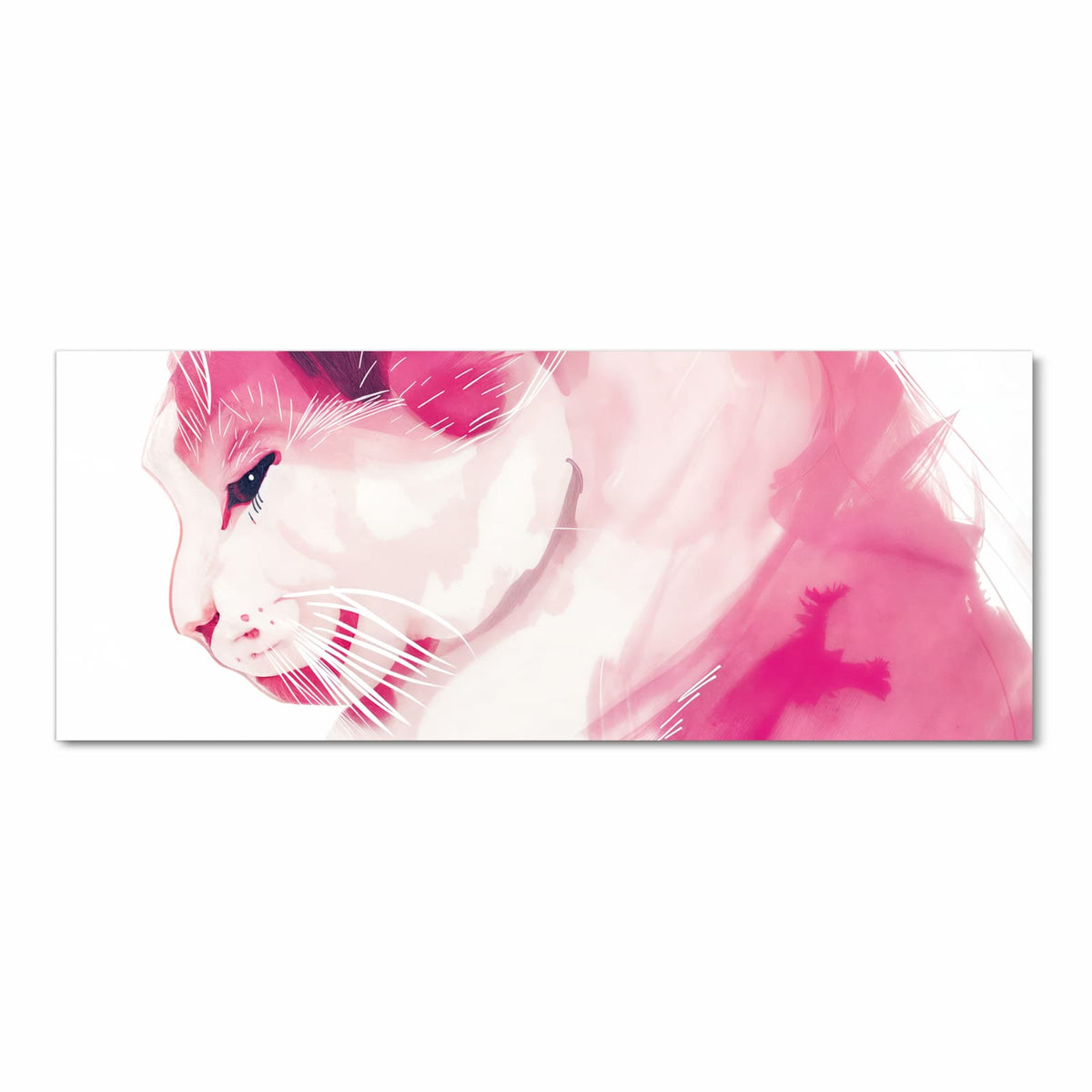 Stilisierte Katze im Profil, ganz in Rosa- und Pinktönen gemalt, weiße Schnurrhaarstriche, weißer Grund