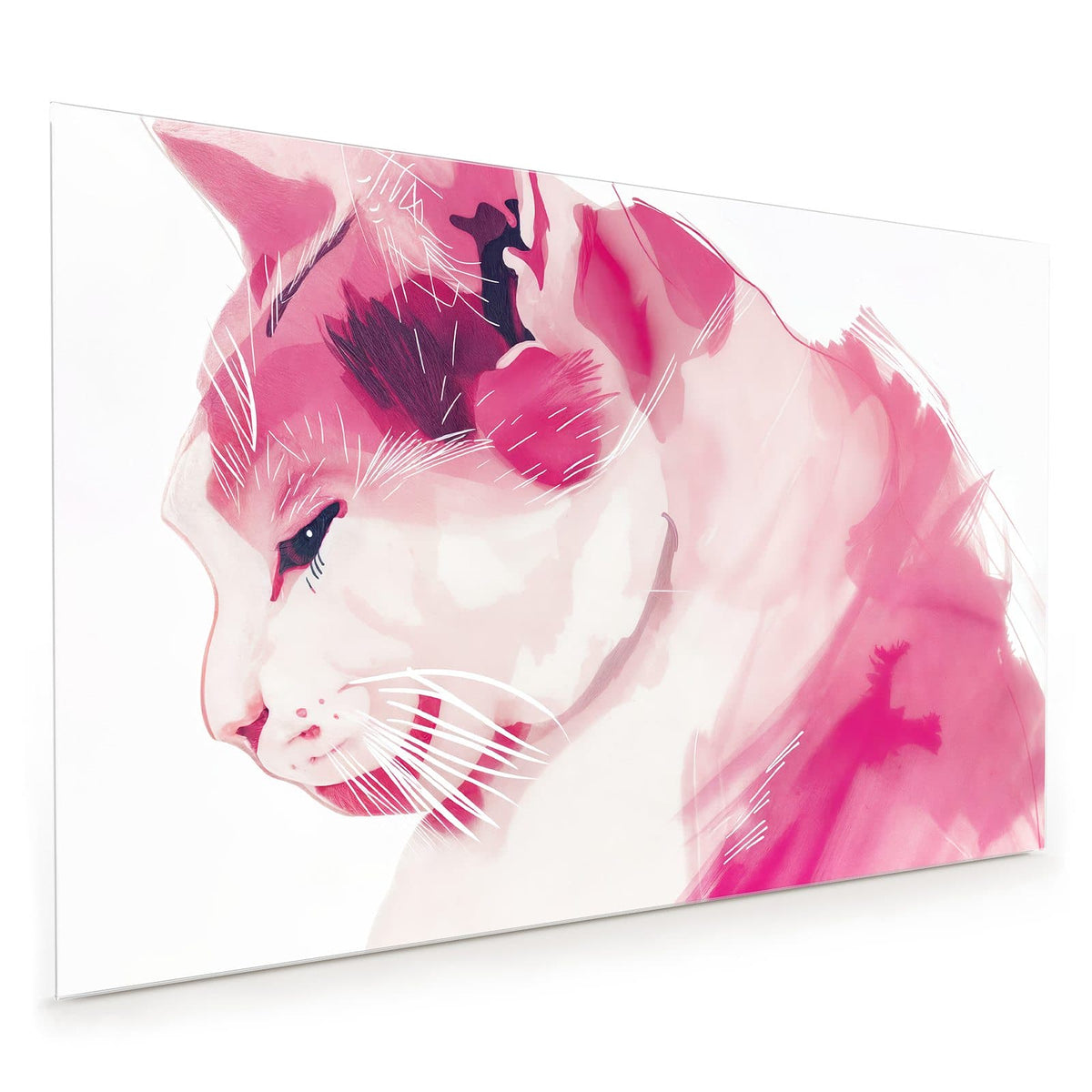 Küchenrückwand aus Glas im Hochformat mit Motiv Pinke Aquarellkatze: Stilisierte Katze im Profil, ganz in Rosa- und Pinktönen gemalt, weiße Schnurrhaarstriche