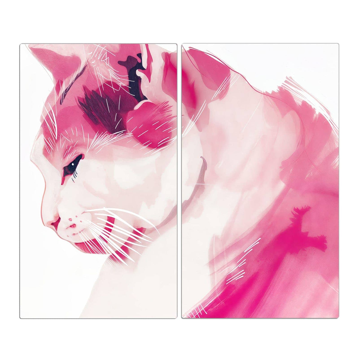 Stilisierte Katze im Profil, ganz in Rosa- und Pinktönen gemalt, weiße Schnurrhaarstriche, weißer Grund