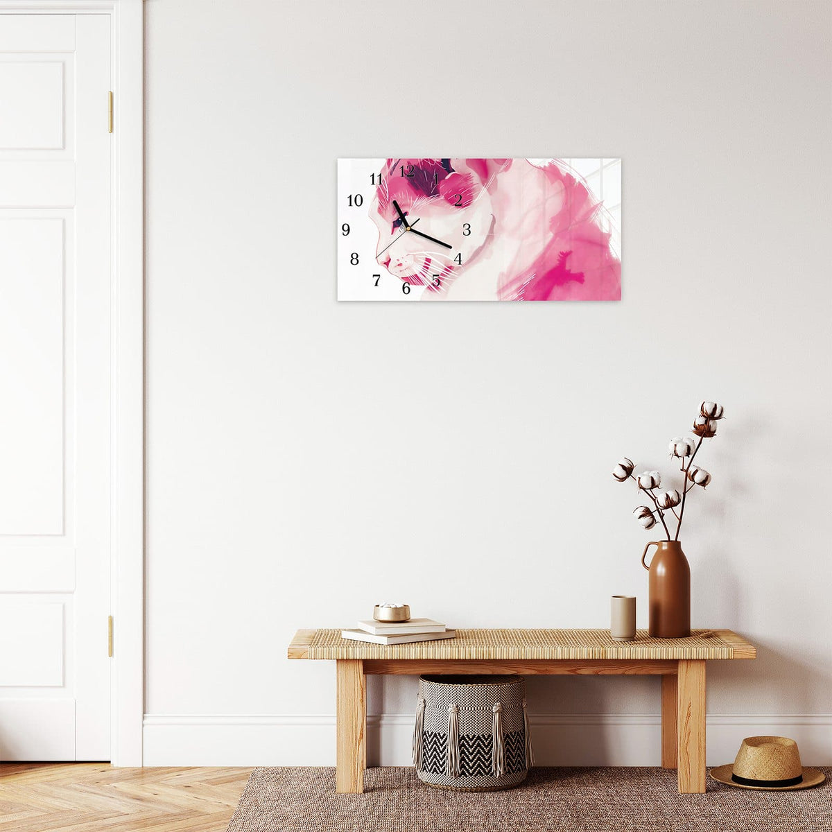 Moderne Wanduhr aus Glas mit Farbtiefe – Wanduhr Katzenportrait aus Glas – Querformat 60 × 30 cm