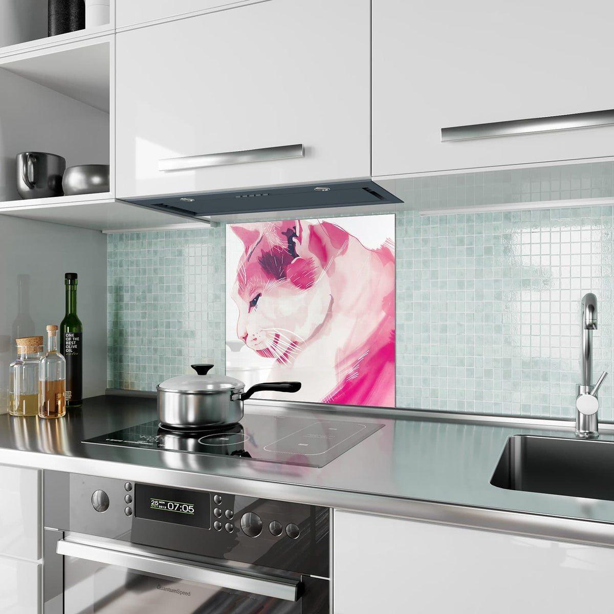 Küchenrückwand aus Glas Pinke Aquarellkatze im quadratischen Format als Spritzschutz hinter dem Kochfeld, über dem Fliesenspiegel montiert