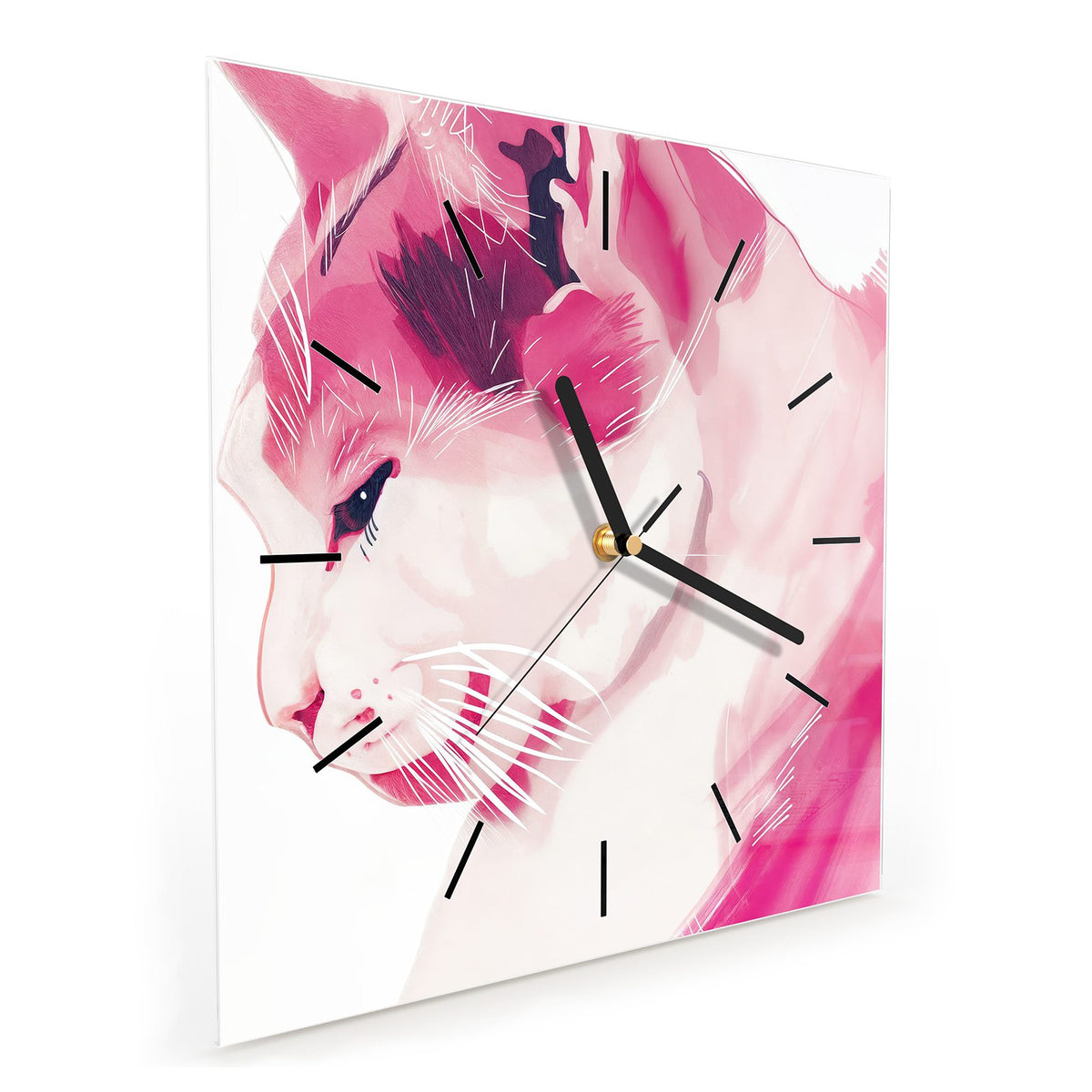 Quadratische Wanduhr aus Glas Pinke Aquarellkatze schräg von der Seite, 4 mm starkes Glas