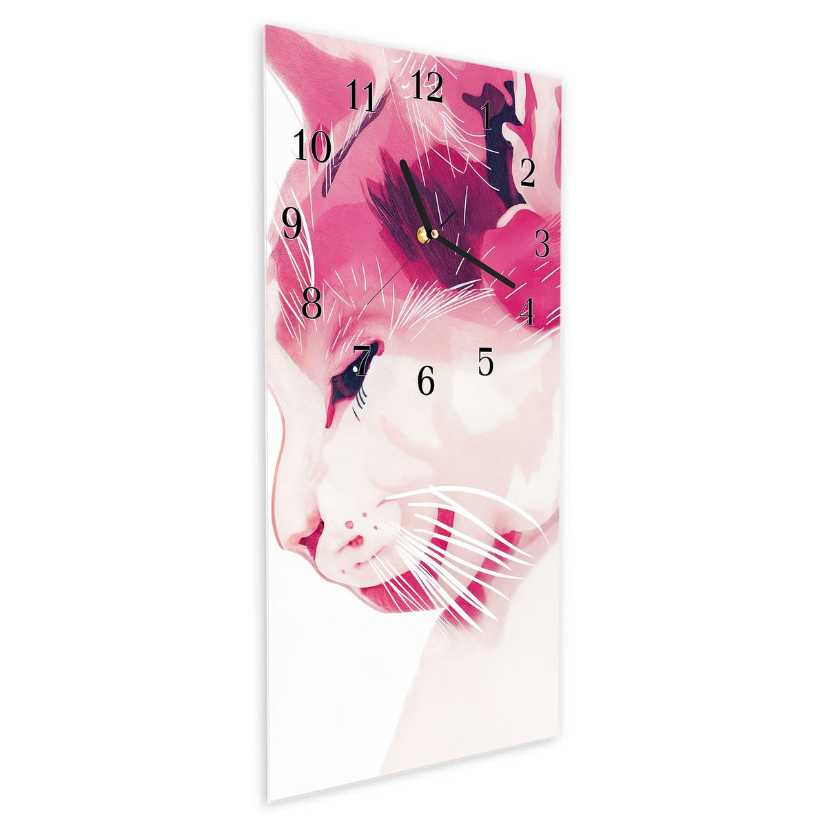 Vormontiert – mit Schwebeeffekt – Wanduhr Katzenportrait aus Glas – Hochformat 30 × 60 cm