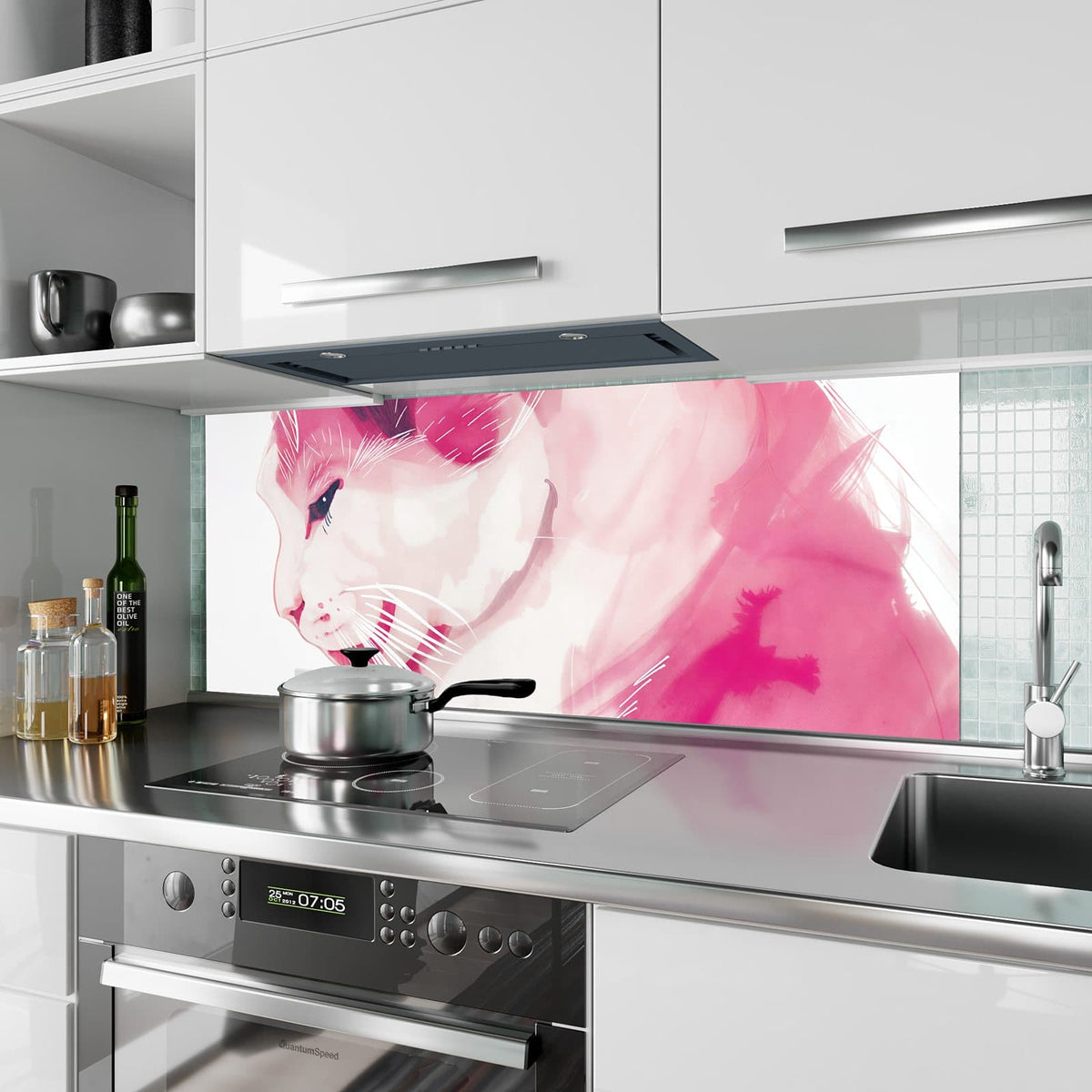 Küchenrückwand aus Glas Pinke Aquarellkatze im Hochformat als Spritzschutz hinter dem Kochfeld, über dem Fliesenspiegel montiert