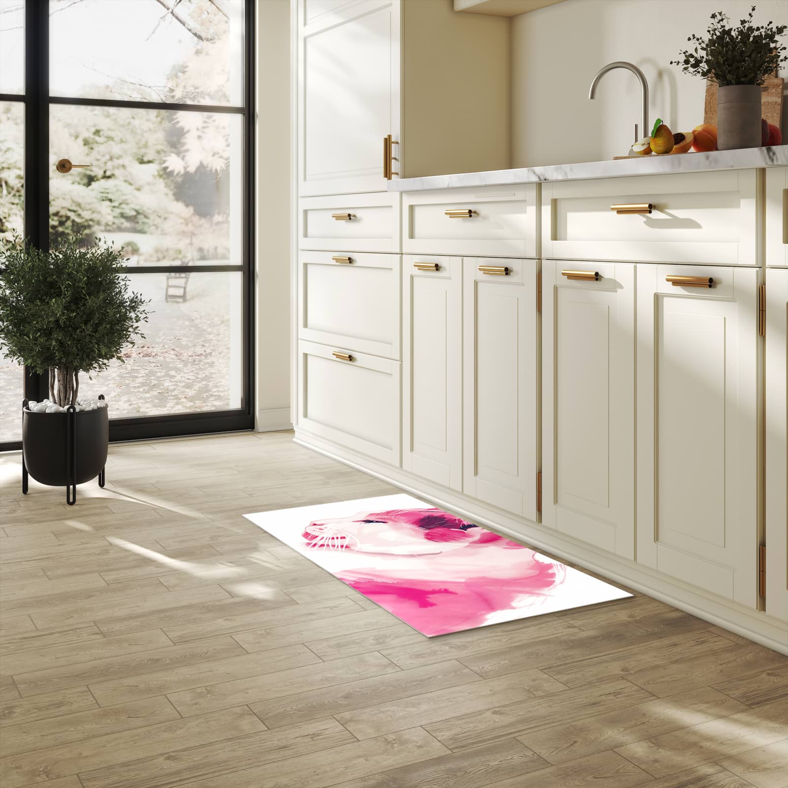 Zeitsparender Läufer Küche mit Motiv Katzenportrait in heller Küche