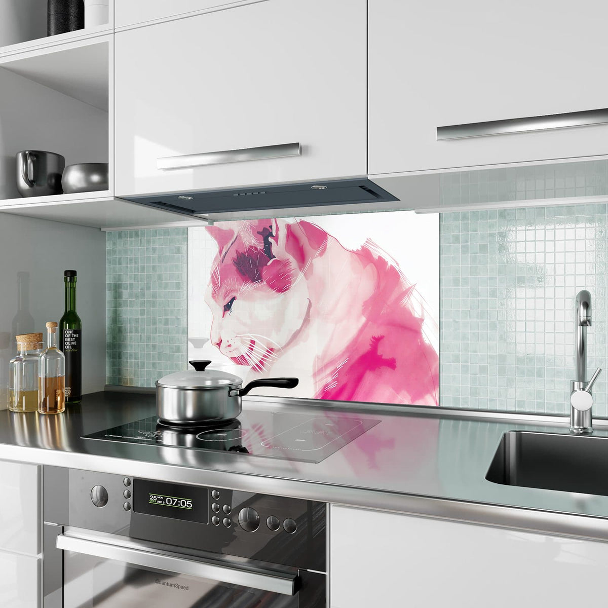 Küchenrückwand aus Glas Pinke Aquarellkatze im Hochformat als Spritzschutz hinter dem Kochfeld, über dem Fliesenspiegel montiert