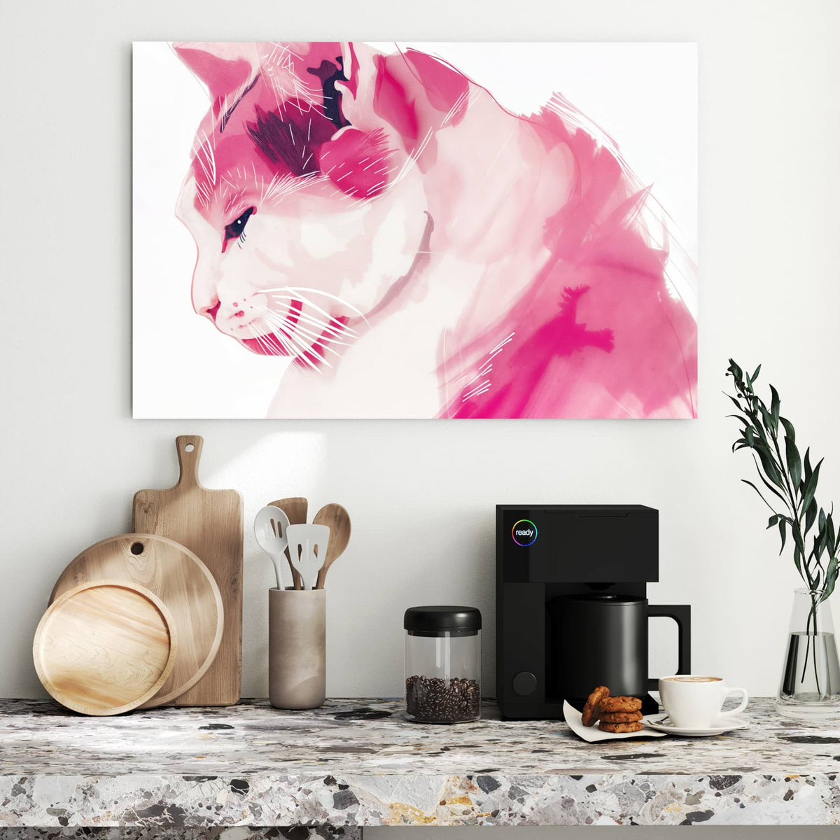 Stilisierte Katze im Profil, ganz in Rosa- und Pinktönen gemalt, weiße Schnurrhaarstriche, weißer Grund