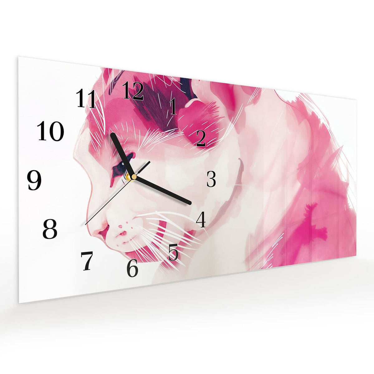 Vormontiert – mit Schwebeeffekt – Wanduhr Katzenportrait aus Glas – Querformat 60 × 30 cm
