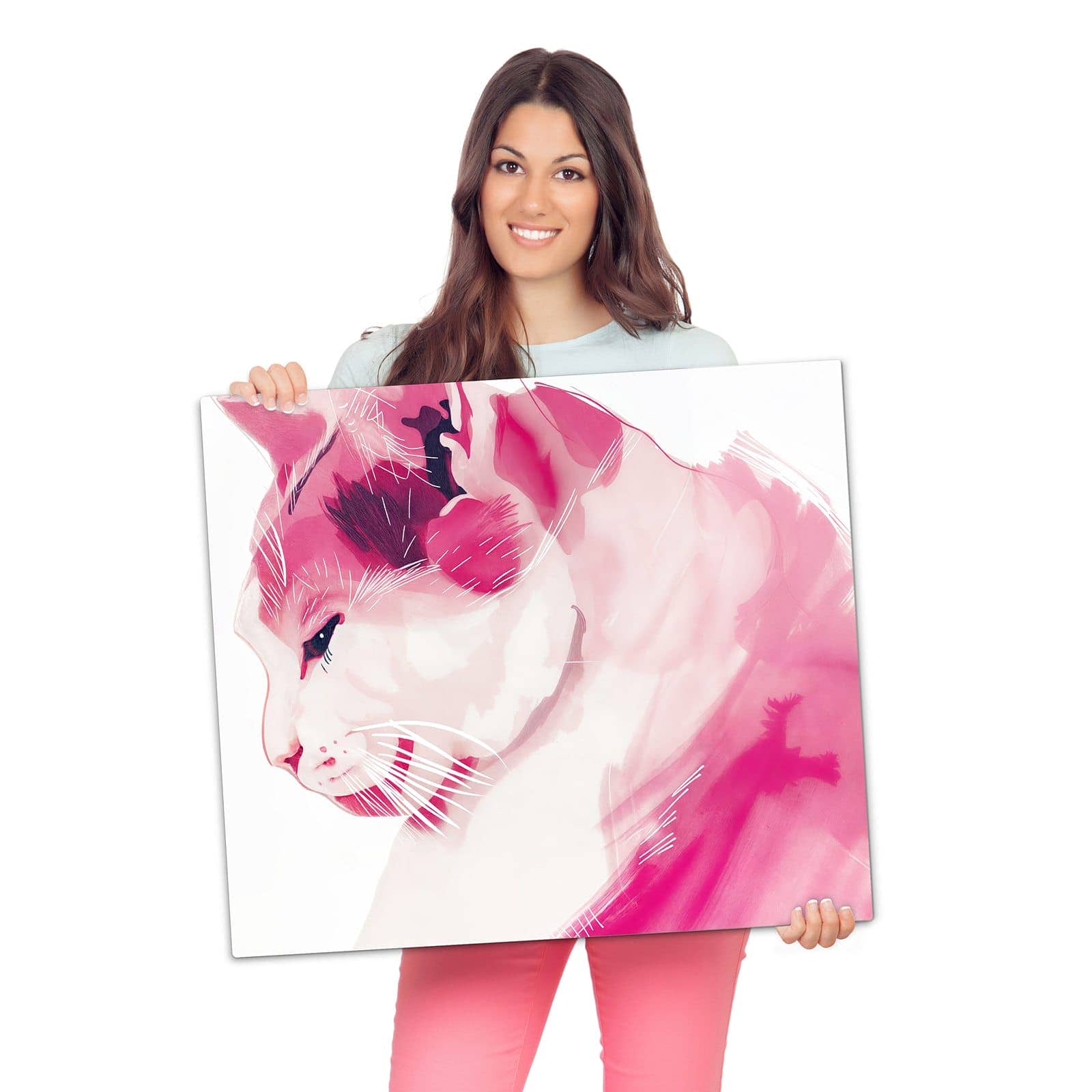 Herdabdeckplatten für Ceranfeld mit Katzenportrait-Motiv wird zur Größendarstellung gehalten