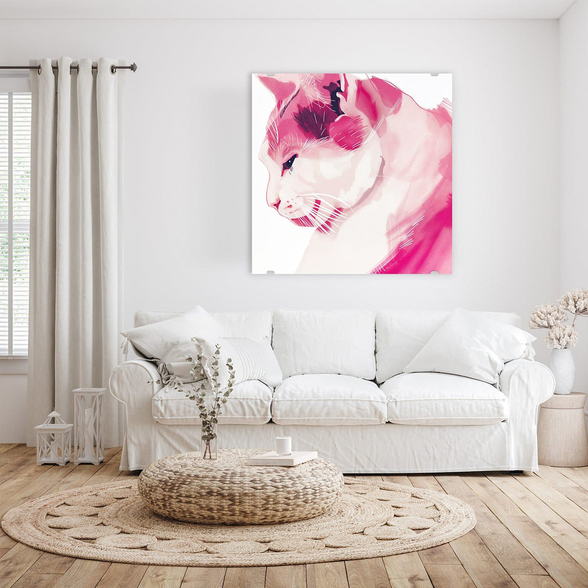 Glasbild Pinke Aquarellkatze an der Wand – Stilisierte Katze im Profil, ganz in Rosa- und Pinktönen gemalt, weiße Schnurrhaarstriche, weißer Grund